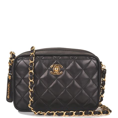 chanel black leather quilted camera style bag